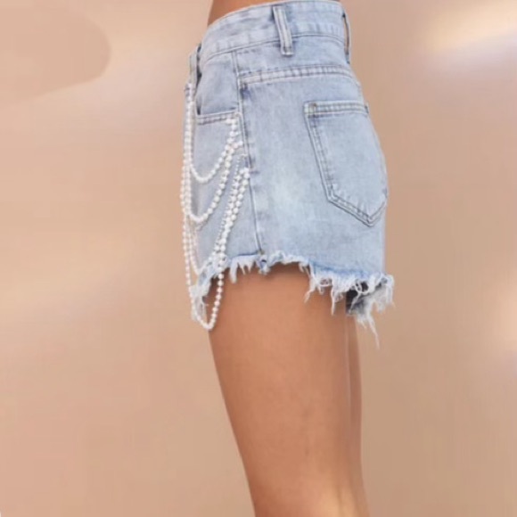 Blue B. Collection Distressed Bottom Pearl Chain Layer Denim Shorts - Picture 2 of 2